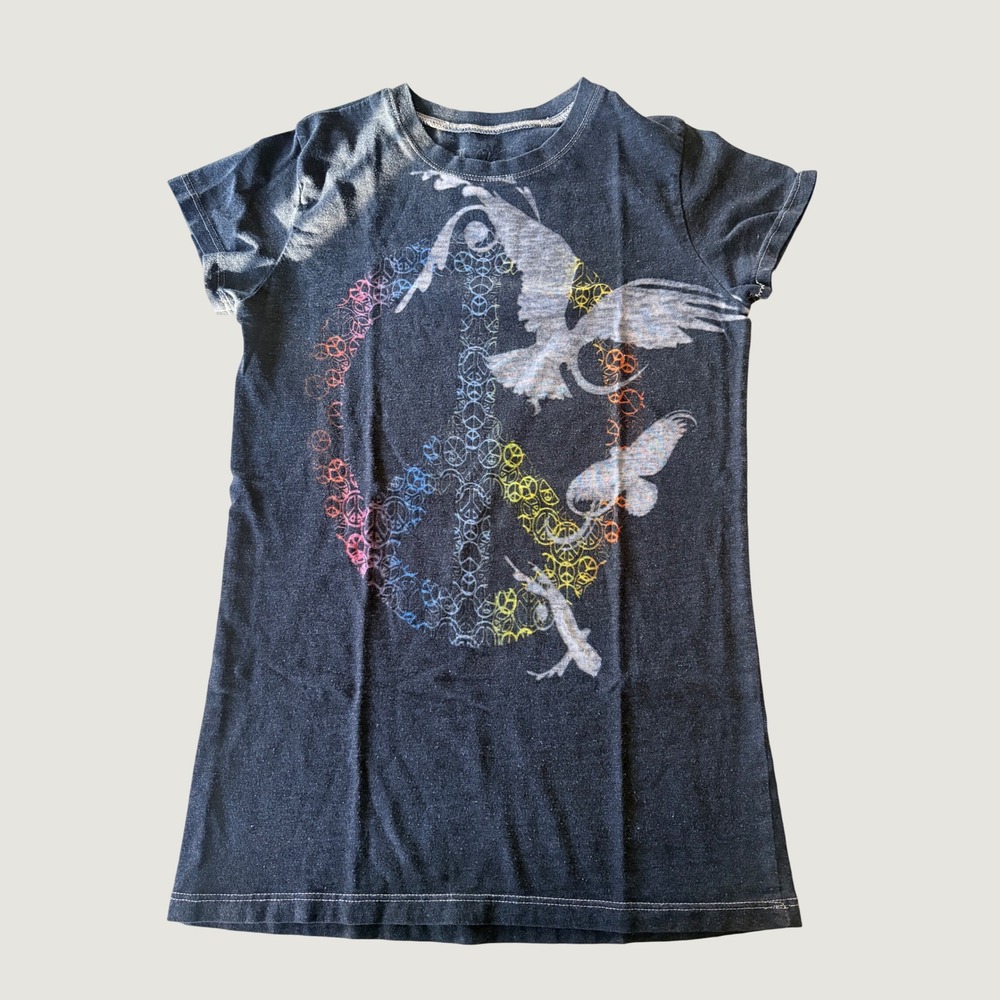 Y2K L.O.L. Vintage Womens Peace Sign Rainbow Bird Graphic Tee Scene #16